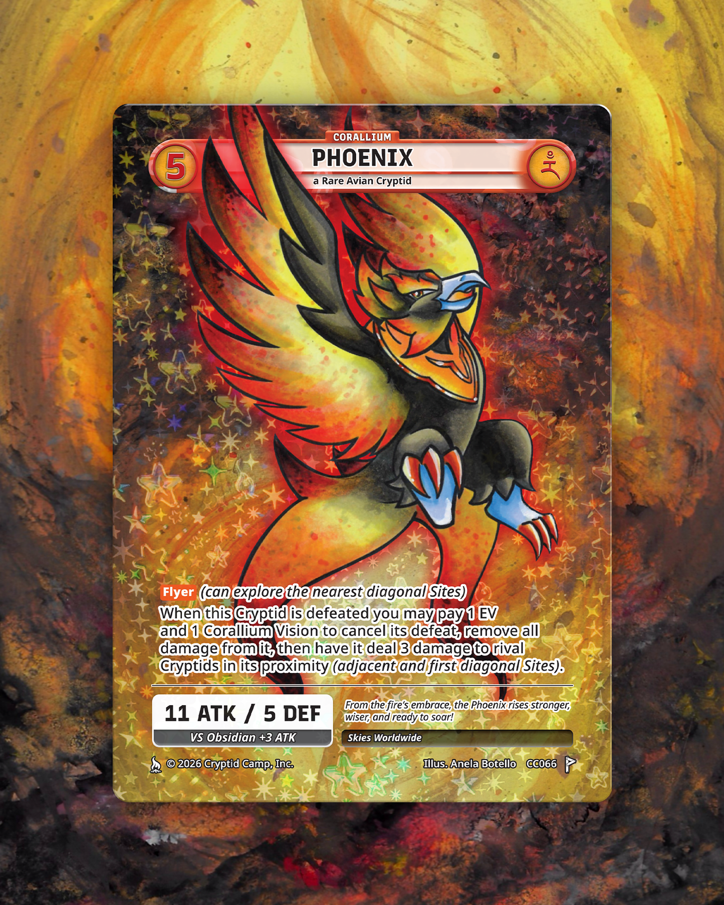Cryptid Camp Phoenix full holographic promo card, Corallium type, art by Anela Botello